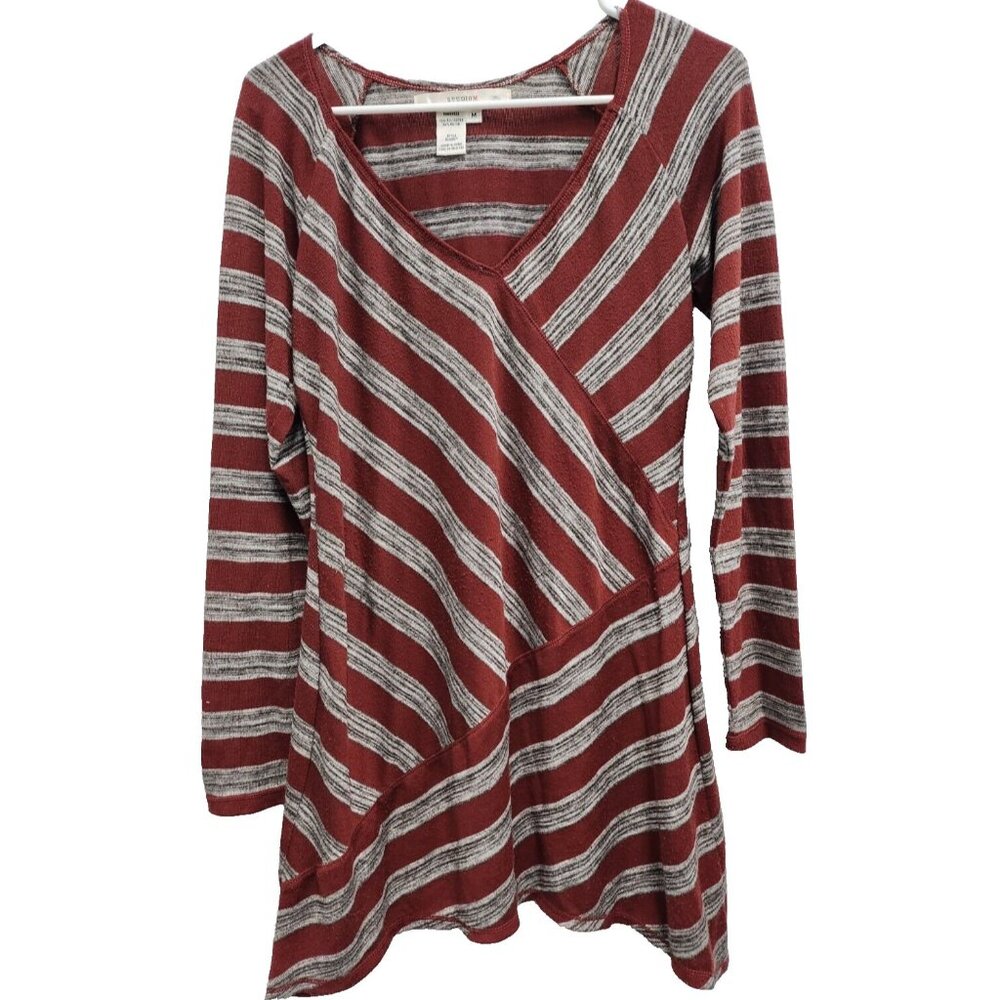 Studio M Womens BOHO Tunic Top Medium Maroon Gray Striped V-Neck Long Sleeve‎